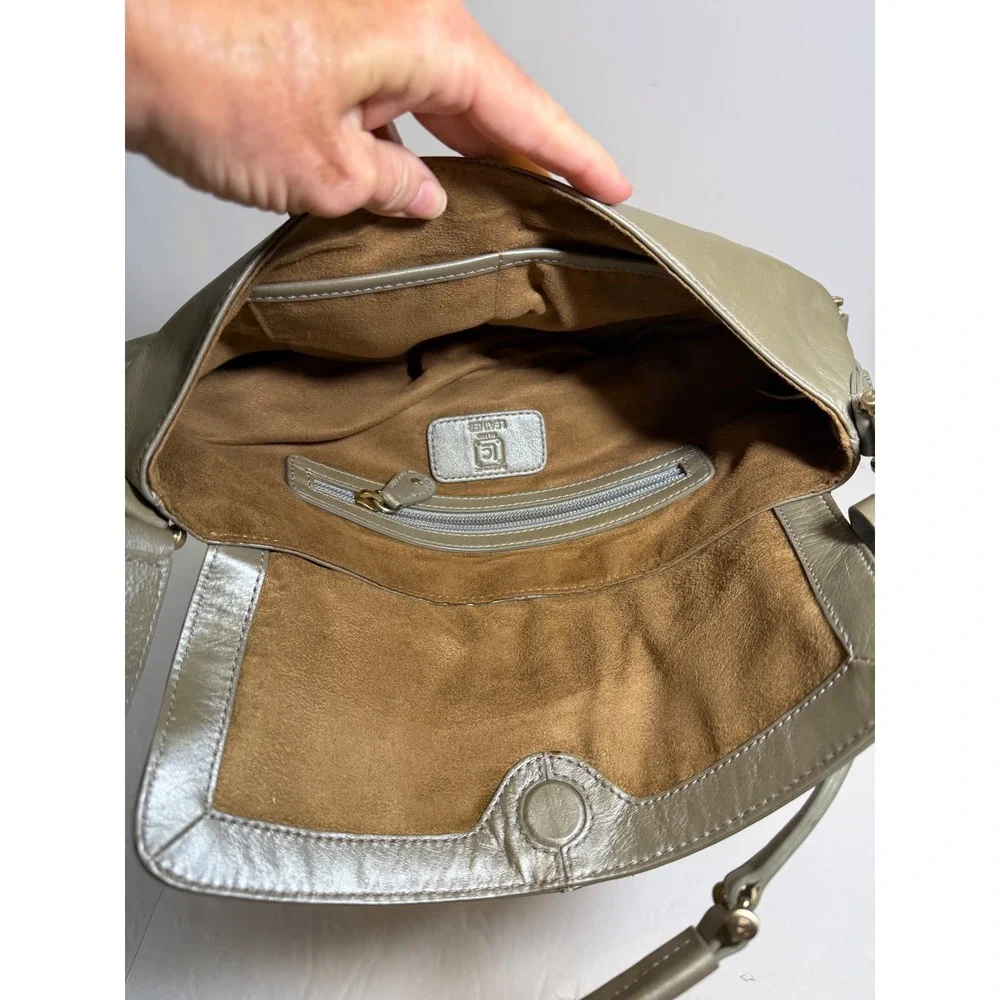 Liz Claiborne Metallic Olive Green Genuine‎ Leather Shoulder Bag Flap Handbag
